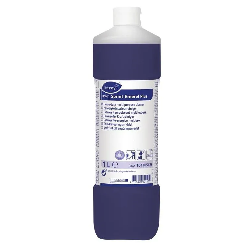 Eine 1-Liter-Flasche TASKI Sprint Emerel Plus, ein universeller, lösungsmittelhaltiger Kraftreiniger von Diversey Deutschland GmbH & Co. OHG, mit weißem Verschluss und blauem Etikett mit mehrsprachigen Produktinformationen und Anweisungen.
