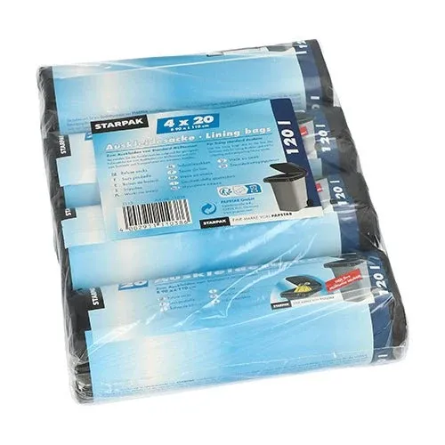 Eine Packung Starpak 80 Auskleidesäcke für 120-Liter-Mülltonnen (110 x 90 cm, schwarz) enthält 80 Säcke, eingewickelt in klare Schrumpffolie, mit blau-weißer Beschriftung.