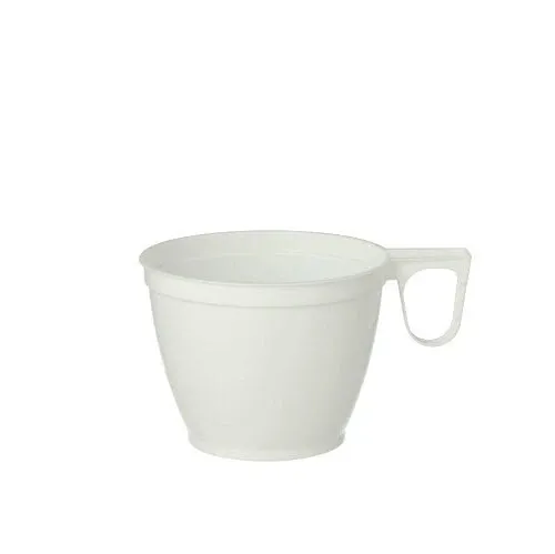 Eine schlichte weiße Starpak 60 Kaffeetassen, PS 0,18 l Tasse mit breitem, abgerundetem Korpus und kleinem flachen Henkel auf der rechten Seite, vor weißem Hintergrund.