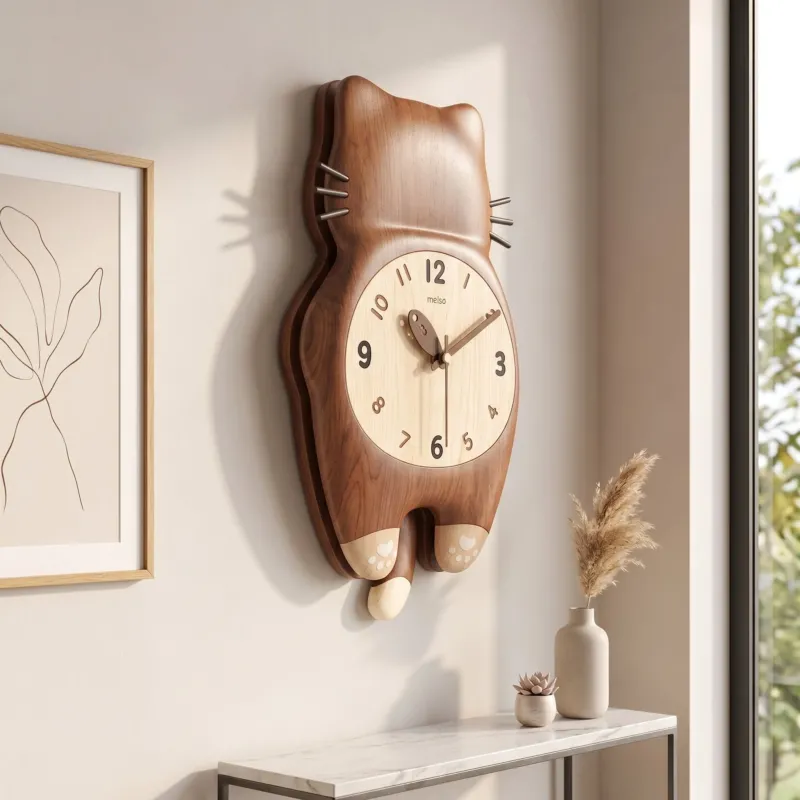 Tail Wagging Cat Shaped Wooden Wall Clock - Image 0