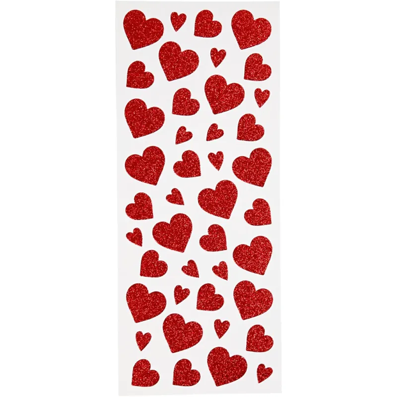 Glitter Stickers, hearts, sheet 10x24 cm, ca. 84 pc, red, 2 sheet