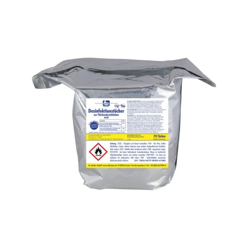 Eine silberne Verpackung mit deutscher Beschriftung und einem roten Warnhinweis „Entzündlich“ enthält 70 Dr. Becher Desinfektionstücher zur Flächendesinfektion der Dr. Becher GmbH, perfekt für die rückstandsfreie Desinfektion alkoholbeständiger Oberflächen.