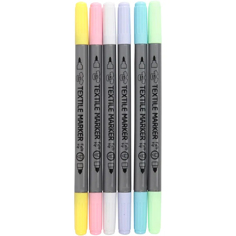Textile markers, line 2,3+3,6 mm, pastel colours, 6 pc