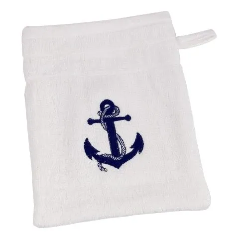 Waschhandschuh Weiß mit Anker Stickerei aus Baumwolle 600 GSM, 16 × 21 cm
