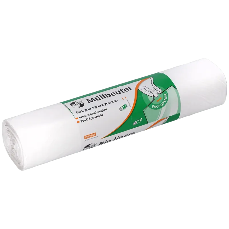 Eine weiße Rolle EMIL DEISS KG (GmbH + Co.) DEISS 36519 Müllbeutel, 300+300x700 mm, 50 Stück, mit grün-weißem Etikett mit Handabbildung zum leichten Öffnen; biologisch abbaubar.