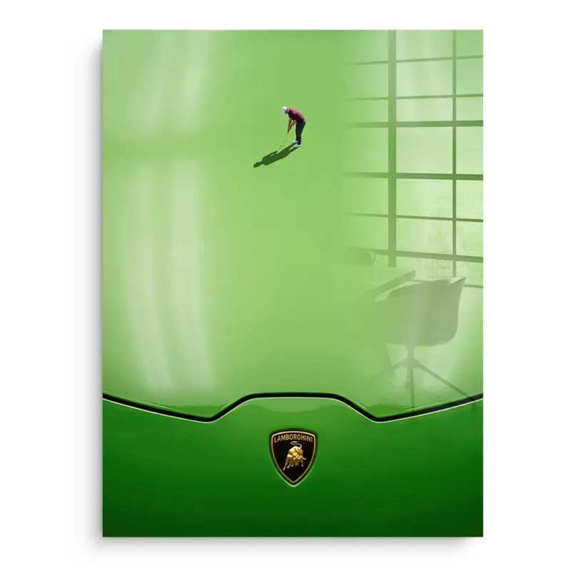 Golf on the Hood – DOTCOMCANVAS® Premium Acrylglasbild ohne Rahmen, Hochformat