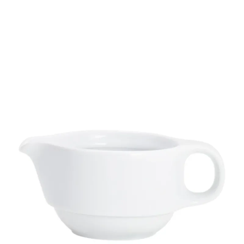 Eine schlichte, weiße Porzellantasse ohne Henkel, die eine leicht gebogene Form hat und sich nach oben hin öffnet. Sie steht auf einer flachen Unterlage. Die Innenseite der Tasse ist glatt und reflektiert das Licht. Ideal für Saucen oder Dressings.