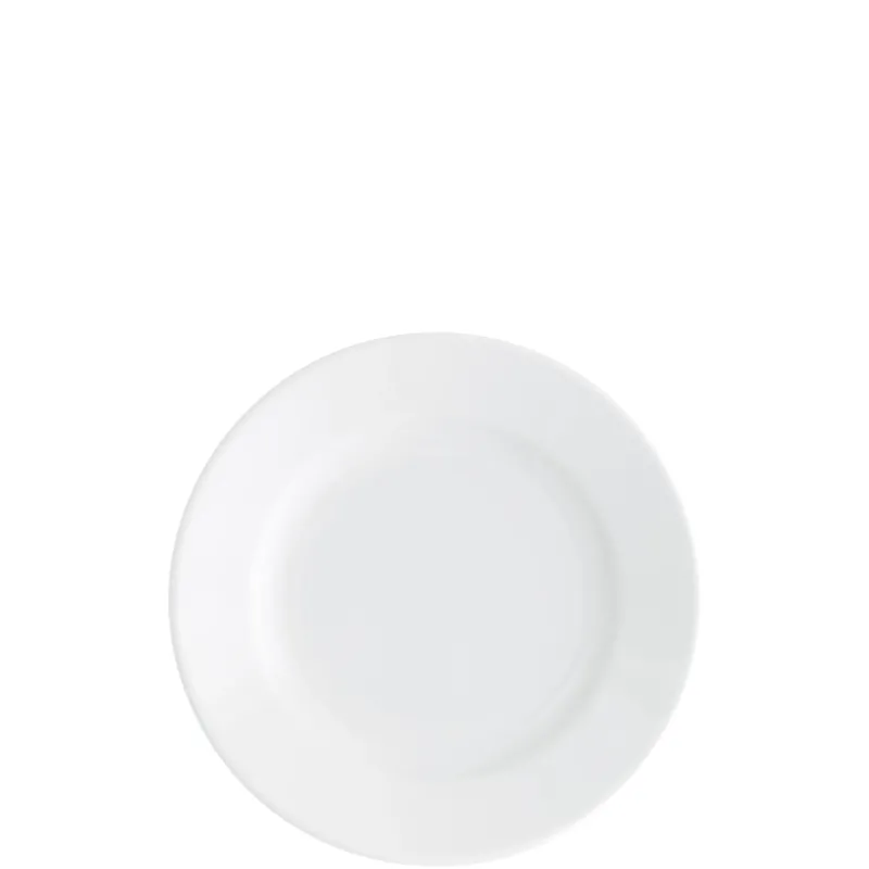 Ein sauberer, runder, weißer Teller ohne Dekoration auf einem neutralen Hintergrund. Der Teller hat eine glatte Oberfläche und einen leichten Rand. Ideal für den Einsatz in der Gastronomie oder für den Tischgedeck.