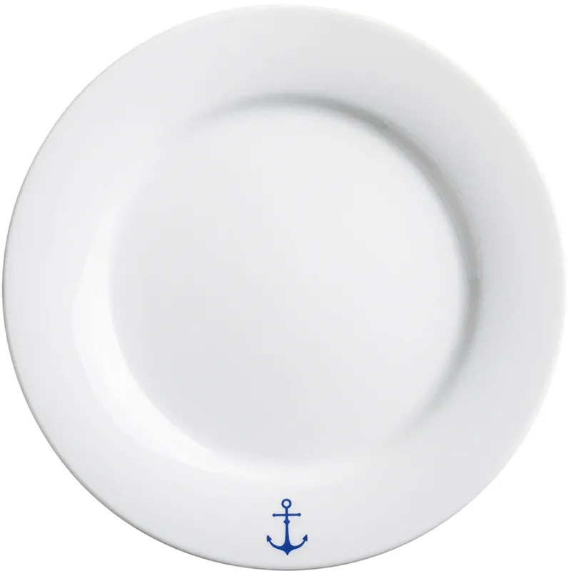 Ein runder, weißer Teller aus Porzellan mit einem blauen Anker-Symbol an der Unterseite. Der Teller hat einen schlichten, eleganten Design und eignet sich sowohl für den Alltag als auch für besondere Anlässe. Der Fokus liegt auf der klaren Form und der dekorativen Skulptur, die maritime Motive verkörpert.