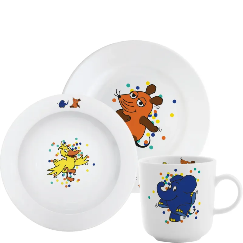 Bunte Kindergeschirr-Serie mit einem flachen Teller, einer tiefen Schüssel und einer Tasse. Auf den Tellern sind cartoonartige Tiere abgebildet: ein gelbes Vogelchen, ein brauner Maulwurf und ein blauer Elefant, umgeben von bunten Punkten. Das Geschirr hat einen weißen Hintergrund und ist für Kinder geeignet.