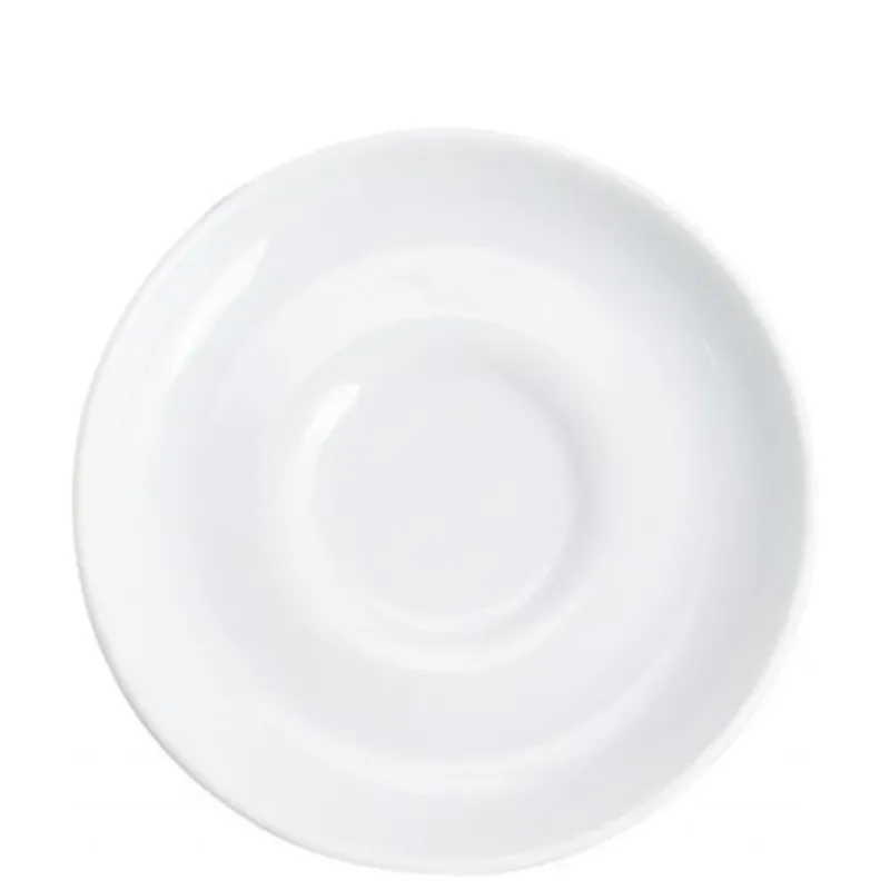 Ein runder, weißer Teller aus Keramik mit einer glatten Oberfläche. Der Teller hat einen leicht erhöhten Rand und eine Vertiefung in der Mitte, die ideal für kleine Portionen oder Beilagen geeignet ist. Das Bild zeigt den Teller vor einem neutralen, einfarbigen Hintergrund.