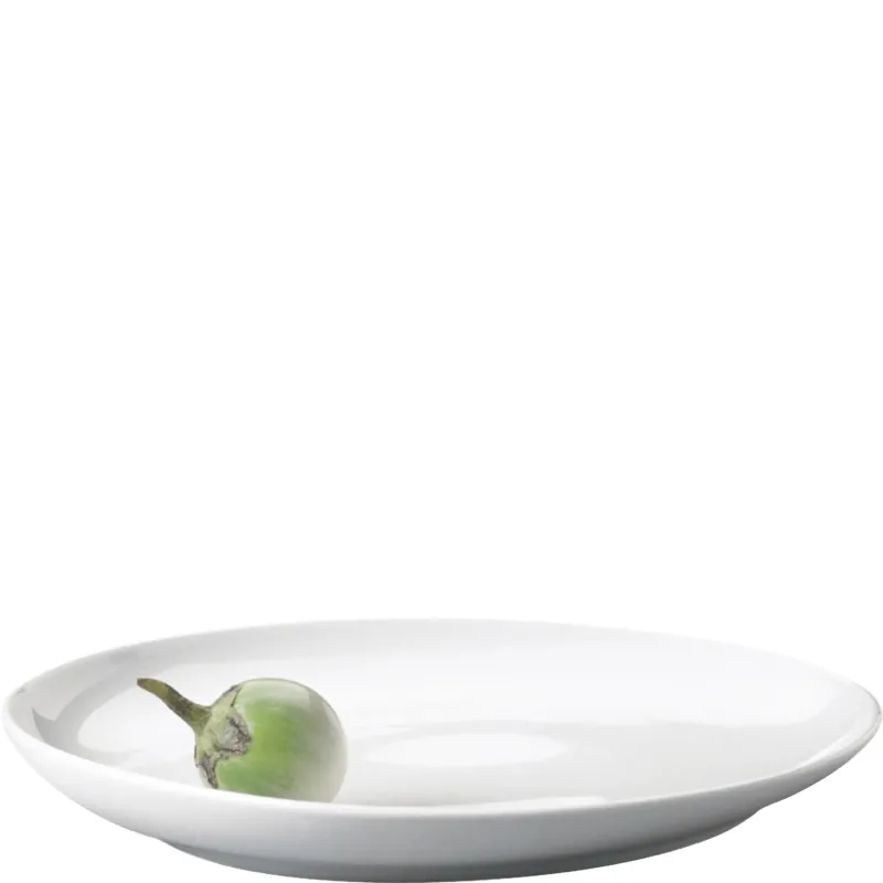 Ein schlichter, runder, weißer Teller ohne Muster oder Dekoration. Der Teller hat einen glatten Rand und eine glänzende Oberfläche. Er liegt flach auf einer neutralen Unterlage und wirkt elegant und modern, ideal für die Präsentation von Speisen.