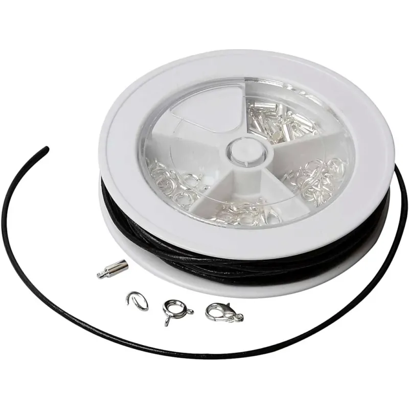 Jewellery Starter Kit, Leather laces, black, silver-plated