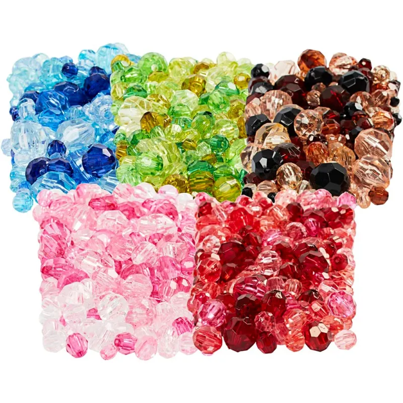 Facet Beads, dia. 4-12 mm, hole size 1-2,5 mm, assorted colours, 7x250 g