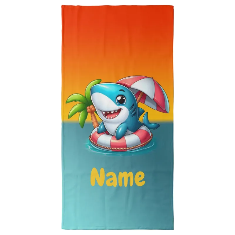 Bild: Personalisiertes Kinder Handtuch & Duschtuch mit Namen - Hai mit Schwimmreifen.