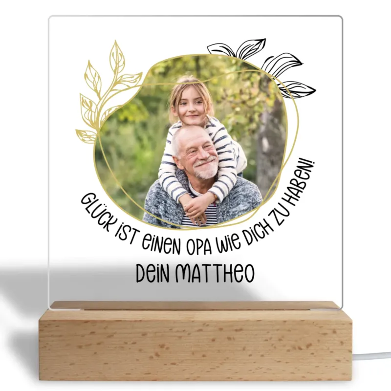 Bild: Personalisiertes Acryl Glasbild - Glück ist einen Opa wie Dich zu haben! Fotogeschenk für Großvater.