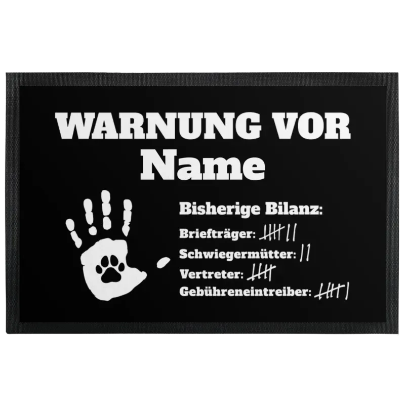 Bild: Personalisierte Fußmatte mit Gummilippe - Warnung vor "Name".