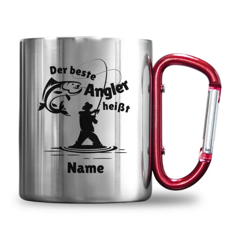 Bild: Personalisierte Edelstahl-Tasse mit Karabiner - Der beste Angler heißt "Name" - Geschenk für Angler.