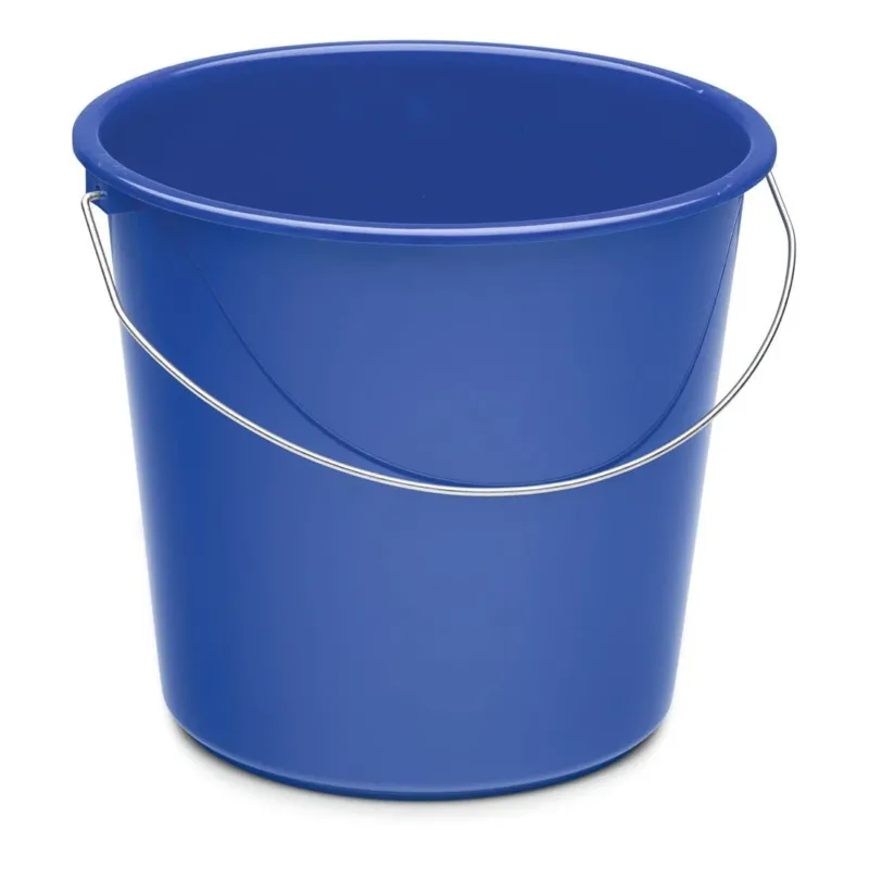 Der Nölle Profi Brush Haushaltseimer 10 Liter Kunststoff von Nölle Profi Brush Bürsten- & Pinseltechnik e.K. ist ein blauer Kunststoffeimer mit Metallgriff, der aufrecht und leer auf weißem Hintergrund abgebildet ist - perfekt für die Reinigung oder den Haushalt.