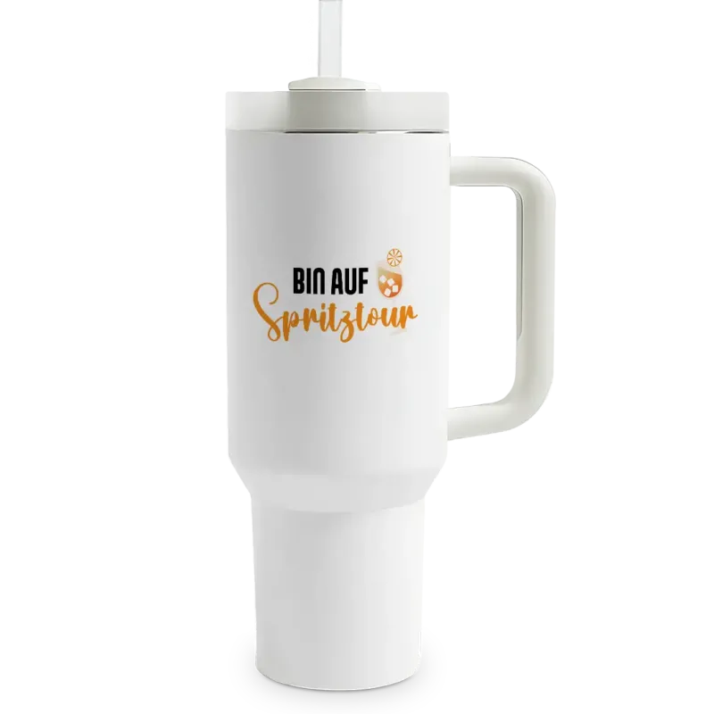 Bin auf Spritztour - XXL Thermobecher mit Trinkhalm und Henkel - 1,2 Liter Füllmenge
