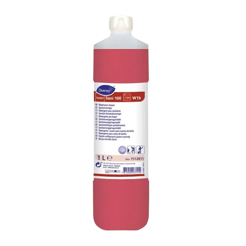 Eine 1-Liter-Flasche TASKI Sani 100 Neutraler Sanitärreiniger der Diversey Deutschland GmbH & Co. OHG hat einen weißen Verschluss, einen roten Korpus und ein weißes Etikett mit Produktdetails und mehrsprachiger Gebrauchsanweisung für die hygienische Sanitärreinigung.
