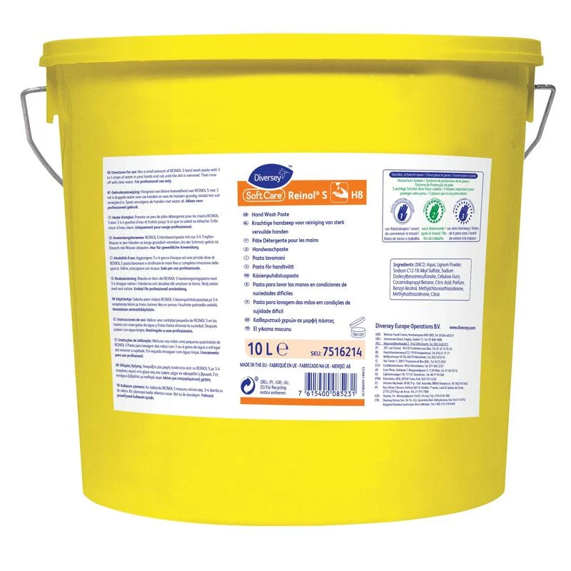 Großer gelber Kunststoffeimer mit Metallbügel mit der Aufschrift „Soft Care Reinol S Handwaschpaste“ der Firma Diversey Deutschland GmbH & Co. OHG, 10 Liter, inkl. Gebrauchsanweisung und Sicherheitshinweisen, ideal zur industriellen Schmutzentfernung.