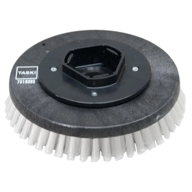 Eine runde schwarze Kunststoff Scheuerbürste Nylon (28 cm) von Diversey Deutschland GmbH & Co. OHG, mit steifen weißen Borsten, passend für swingo 955/1255/2100/5000 zur gründlichen Reinigung - Standardscheuerbürste, 1 Stück pro Packung.