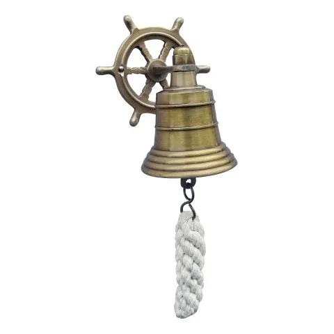 Schiffsglocke aus Messing antik mit Steuerrad Wandhalterung und Bändsel, Ø 5,5 cm