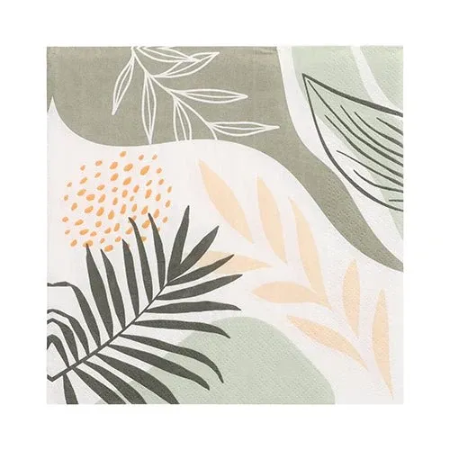 Die PAPSTAR 20 Servietten von PAPSTAR GmbH sind 3-lagige Papierservietten, 33 x 33 cm, mit einem abstrakten botanischen Design in Grün, Beige und Gelb auf Weiß. Das Design Set 6 hat eine quadratische Form und eine praktische 1/4-Faltung.