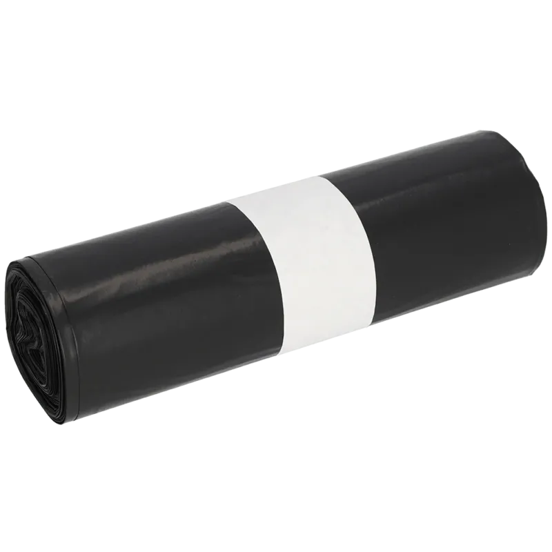 Abgebildet ist eine Rolle EMIL DEISS KG (GmbH + Co.) DEISS 95005 Müllbeutel, 200+180x540 mm Typ 70 schwarz (25 Stück), gesichert mit einem einfachen weißen Papierband, auf weißem Hintergrund.