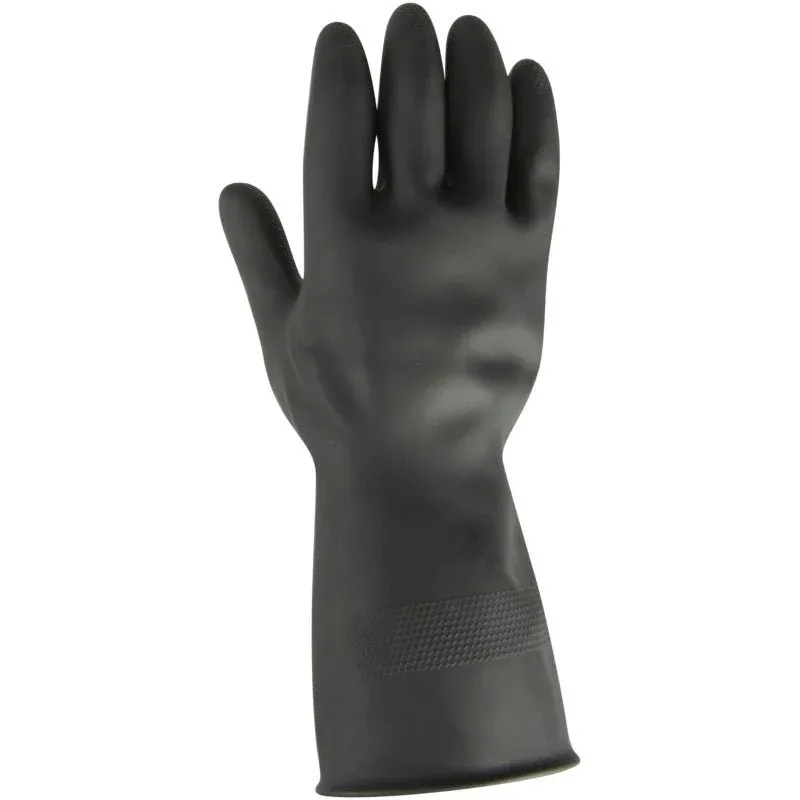 Ein aufrecht stehender Thor Black Heavy Duty Haushaltshandschuh Latex von Abena Re-Seller GmbH, ein einzelner schwarzer Handschuh mit strukturiertem Griff auf der Handfläche und den Fingerspitzen, mit ausgestreckten Fingern, dargestellt vor einem schlichten weißen Hintergrund.
