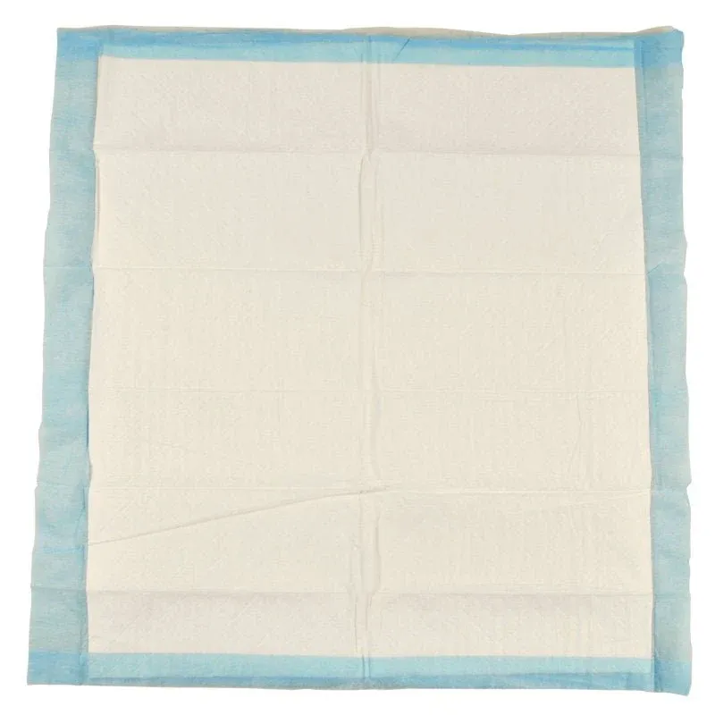 Eine 6-lagige, 60x60 cm große ABENA Tissue Einweg-Unterlage der Abena Re-Seller GmbH mit blauem Rand und weißer Mitte ist flach abgebildet und weist sichtbare Falten auf; verkauft wird sie in Packungen zu 25 Stück.