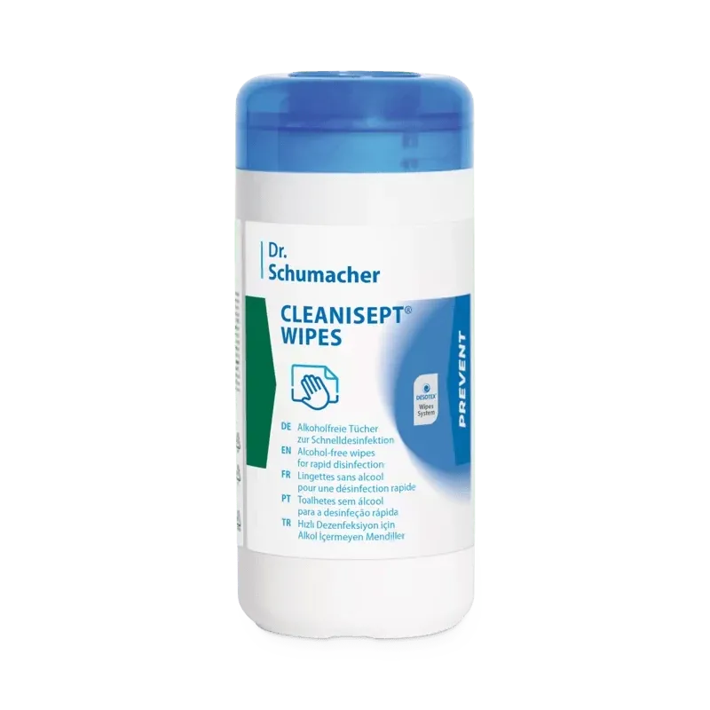 Ein weißer zylindrischer Behälter mit blauem Deckel und der Aufschrift "Dr. Schumacher Cleanisept Wipes Schnelldesinfektion" der Dr. Schumacher GmbH enthält alkoholfreie Tücher für die Schnelldesinfektion von Oberflächen.