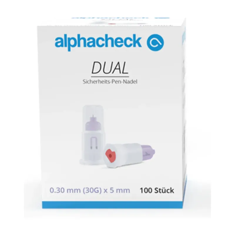 Abgebildet ist eine Schachtel Alphacheck DUAL Sicherheits-Pen-Nadeln, verschiedene Größen von Berger Med GmbH. Die Schachtel enthält 100 Nadeln, jede mit einer Größe von 0,30 mm (30G) x 5 mm. Das Design besteht aus einer Nadel in einer Schutzhülle und einer anderen Nadel außerhalb, was doppelte Sicherheit unterstreicht.