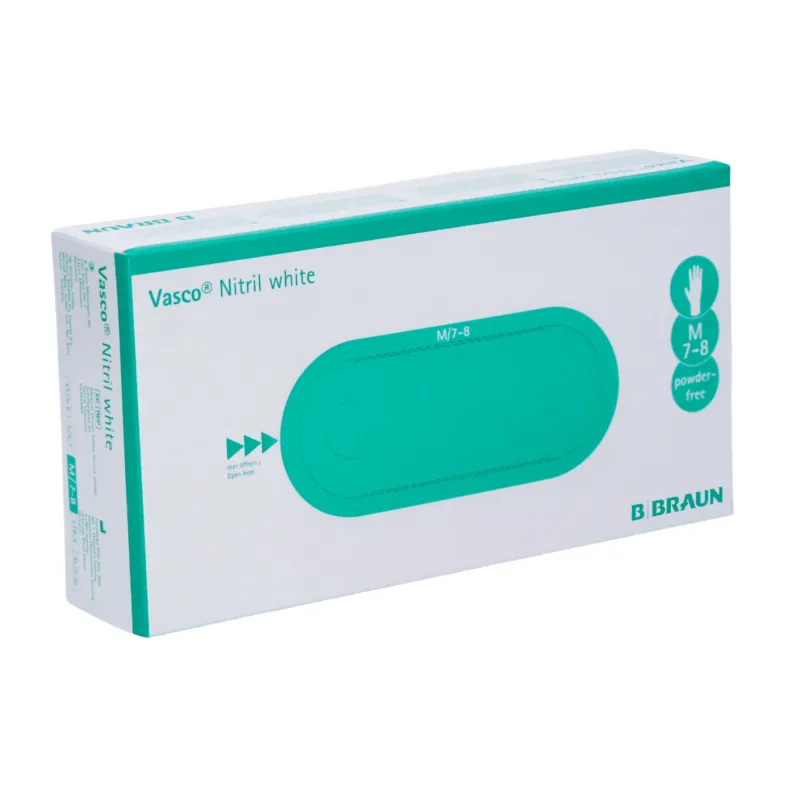 Das Bild zeigt eine Schachtel weißer B. Braun Vasco® Nitril-Einweghandschuhe von B. Braun Deutschland GmbH & Co. KG, gekennzeichnet als mittlere Größe 7-8 und puderfrei. Die Verpackung hebt die latexfreien Nitrilhandschuhe mit blaugrünen Akzenten und Text auf überwiegend weißem Hintergrund hervor.