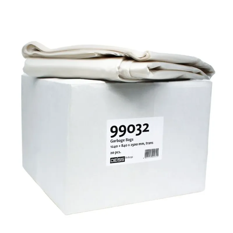 In einem weißen Karton mit der Aufschrift „DEISS Wertstoffsammelsack 99032“ der Firma EMIL DEISS KG befinden sich 20 transparente Wertstoffsammelsäcke aus LDPE der Größe 1240 x 840 x 3500 mm. Oben liegen zwei gefaltete Säcke.