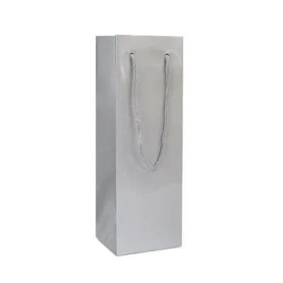 Luxuriöse Papier-Weinflaschentaschen - Glänzend 12+10x35 cm Silber (100 Stück) [FP-DPK120W]