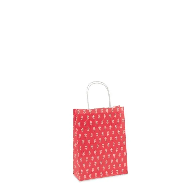 Papiertragetaschen mit gedrehte Griffe - Blumen 18+8x24 cm Rot (300 Stück) [FP-DPT082]