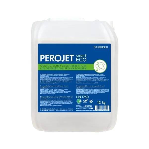Ein weißer 12-kg-Kunststoffbehälter mit integriertem Griff und Schraubverschluss enthält Dr. Schnell PEROJET smart ECO Geschirrreiniger von DR.SCHNELL GmbH & Co. KGaA, mit blauem/grünem Etikett in deutscher Sprache und Angaben zum umweltfreundlichen Geschirrspülmittel.