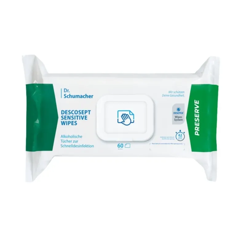 Eine Packung Dr. Schumacher Descosept Sensitive Wipes Desinfektionstücher der Dr. Schumacher GmbH für schnelle Desinfektion. Das Etikett weist darauf hin, dass es sich um Tücher auf Alkoholbasis handelt, die sich ideal für mittelgroße Flächen eignen. Die Packung ist überwiegend weiß mit grünen Akzenten und enthält 60 Tücher.