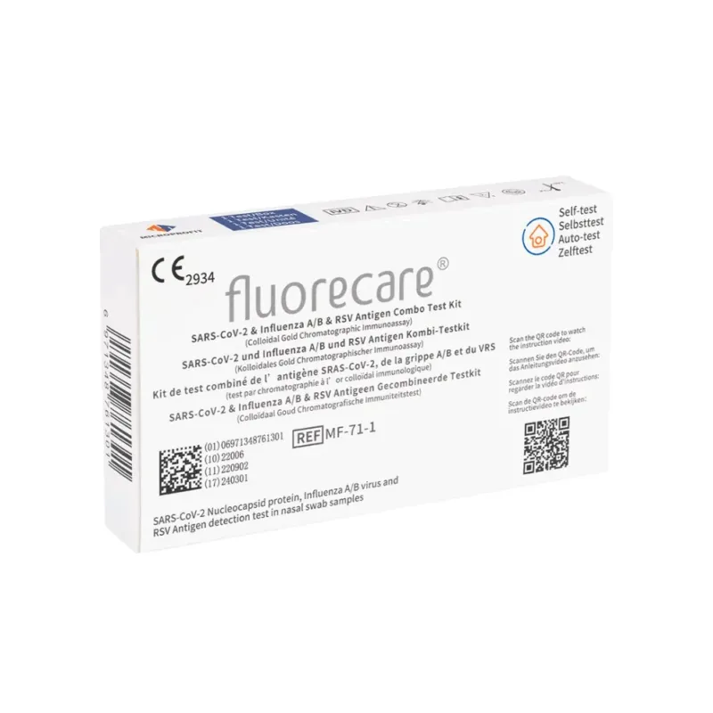 Das Bild zeigt eine Schachtel des Fluorecare SARS-CoV-2, Influenza A + B & RSV Antigen Kombitests, 1 Stück | Packung (1 Test). Die weiße Schachtel enthält mehrsprachige Anweisungen und medizinische Symbole wie ein CE-Zeichen sowie die Produktreferenznummer REFMF-71-1.