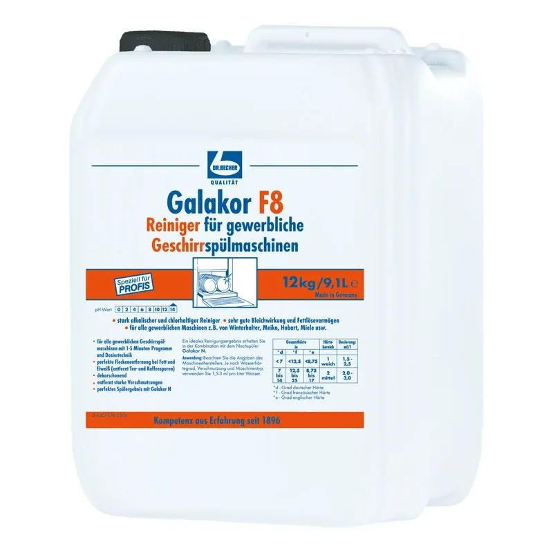 Ein weißer 12-kg-Kunststoffkanister mit Dr. Becher Galakor F8 Reiniger für gewerbliche Geschirrspülautomaten der Dr. Becher GmbH mit blauem Schraubverschluss, deutschem Produktetikett und Dosierungstabelle auf der Vorderseite.