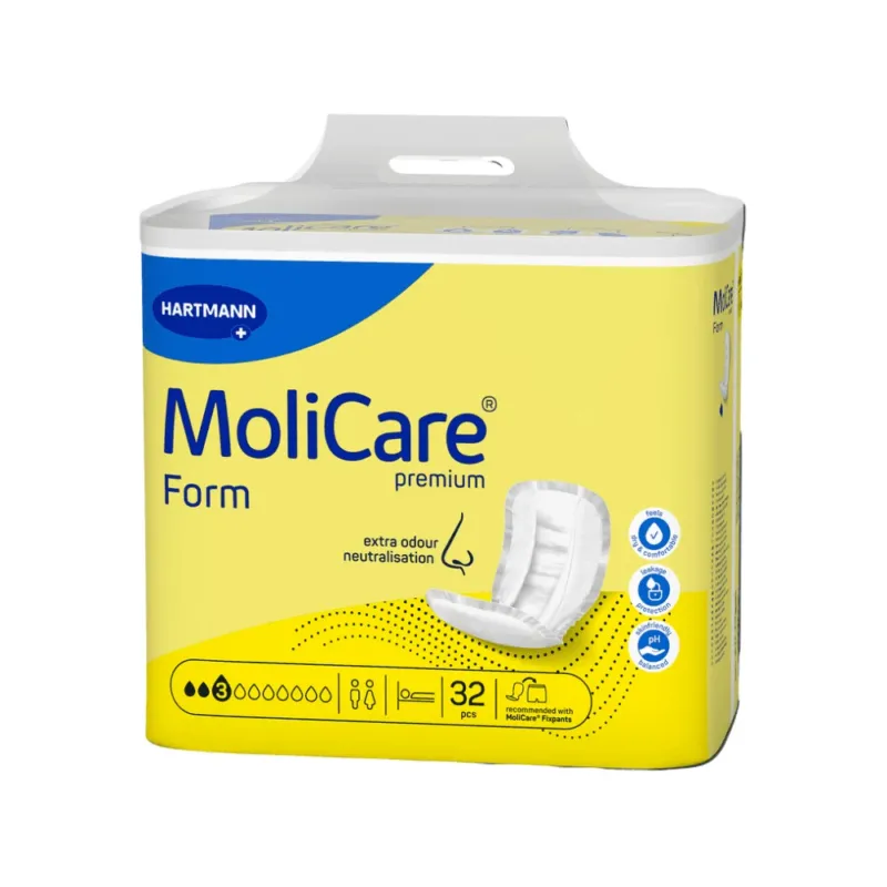 Die Hartmann MoliCare Premium Form 3D P32 der Paul Hartmann AG verfügt über eine gelb-blaue Verpackung mit dem Hartmann-Logo, beinhaltet 32 Inkontinenzeinlagen, bietet zusätzliche Geruchsneutralisierung und robusten Auslaufschutz und hat ein auffälliges Einlagenbild auf der Vorderseite.