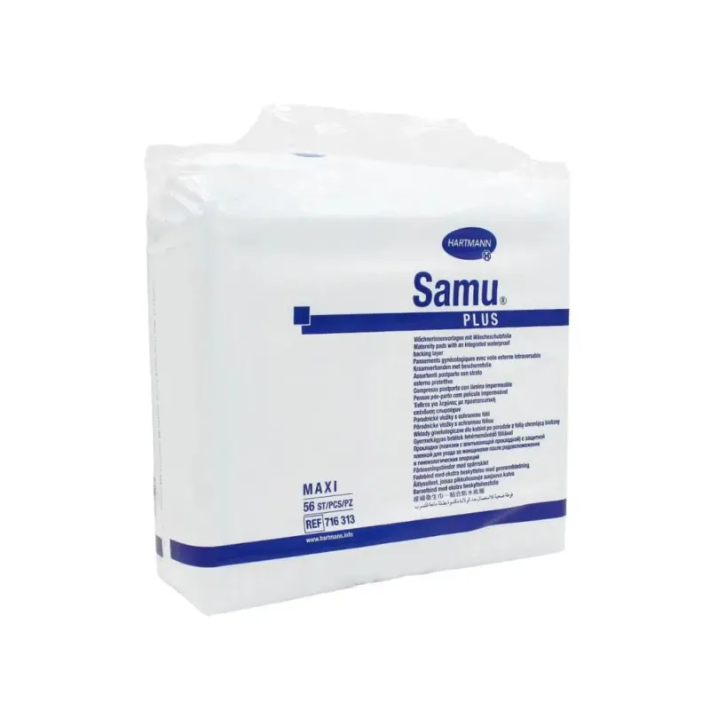 Eine versiegelte Packung Hartmann Samu® Plus Maxi Wöchnerinnen Vorlage von Paul Hartmann AG (56 Stück), ideal für den sicheren Schutz der Wäsche, wird in durchsichtiger Folie verpackt mit blauen Produktinformationen auf der Vorderseite geliefert.