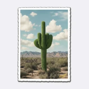 Postkarte mit grünem Kaktus und Berglandschaft mit Schriftzug "FUCKTUS"