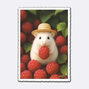 Postkarte mit Hamster in Strohhut und roten Himbeeren mit Schriftzug "Impossible Cards"