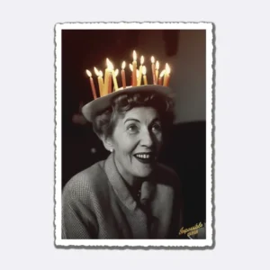 Postkarte mit Schwarz-Weiß-Foto einer Frau mit Kerzen auf dem Kopf mit Schriftzug "Impossible Cards"