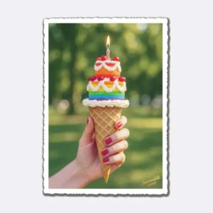 Postkarte mit Eiscreme aus buntem Kuchen und Kerze in Waffel mit Schriftzug "Impossible Cards"