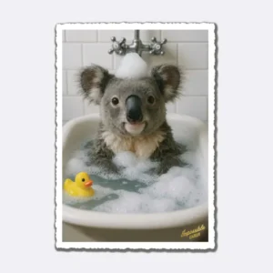 Postkarte mit Koala in Badewanne und gelber Ente, Schriftzug "Impossible CARDS"