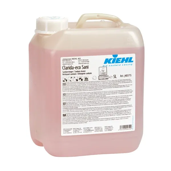 Der 5-Liter-Kunststoffbehälter des Kiehl Clarida-eco Sani Sanitärreinigers der Johannes Kiehl KG hat einen weißen Schraubverschluss, eine Frontbeschriftung und enthält eine rosafarbene Flüssigkeit für die umweltfreundliche und effektive Reinigung von Sanitärbereichen.